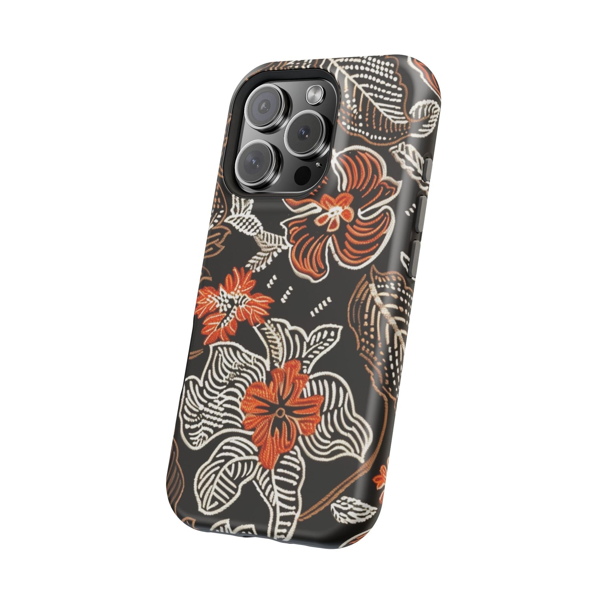 Floral Batik Magnetic Impact Phone Case — Orange & Black Protective Cover - DIGITAL X