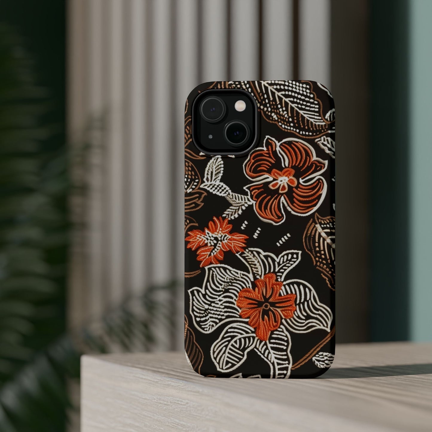 Floral Batik Magnetic Impact Phone Case — Orange & Black Protective Cover - DIGITAL X