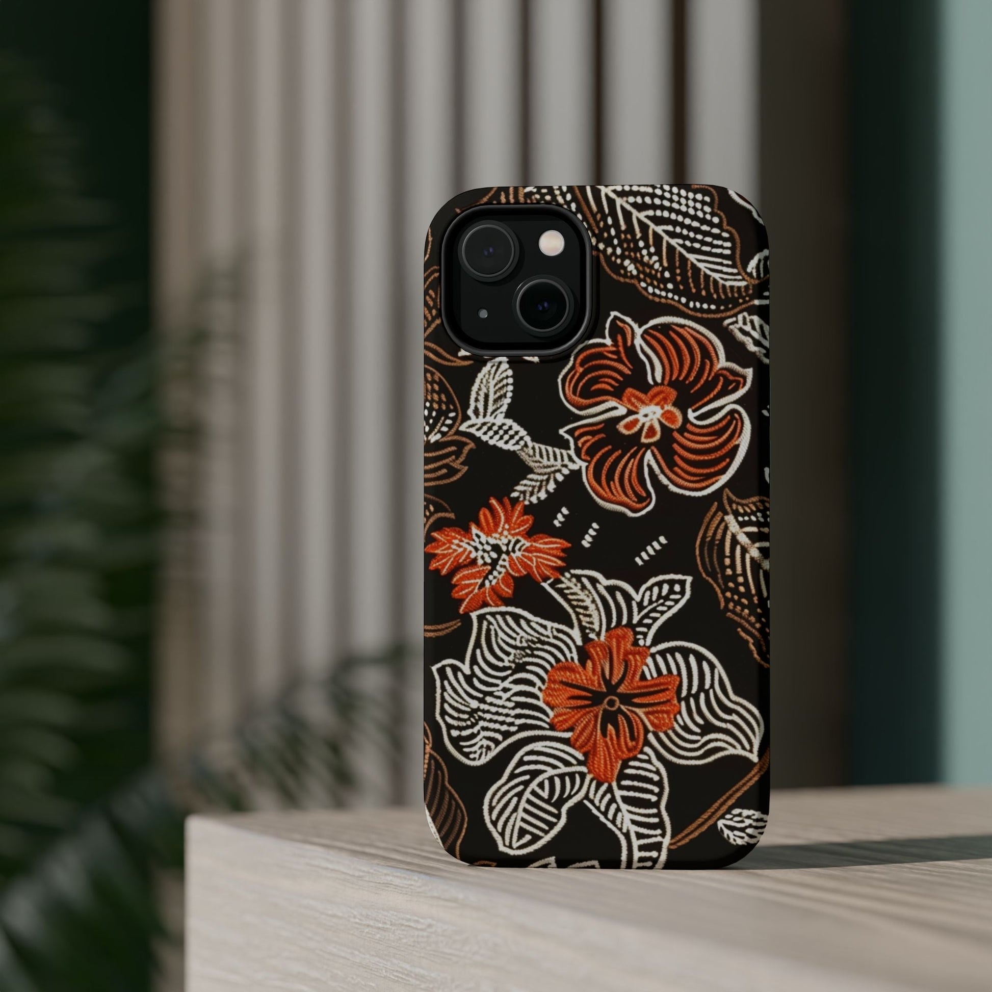 Floral Batik Magnetic Impact Phone Case — Orange & Black Protective Cover - DIGITAL X