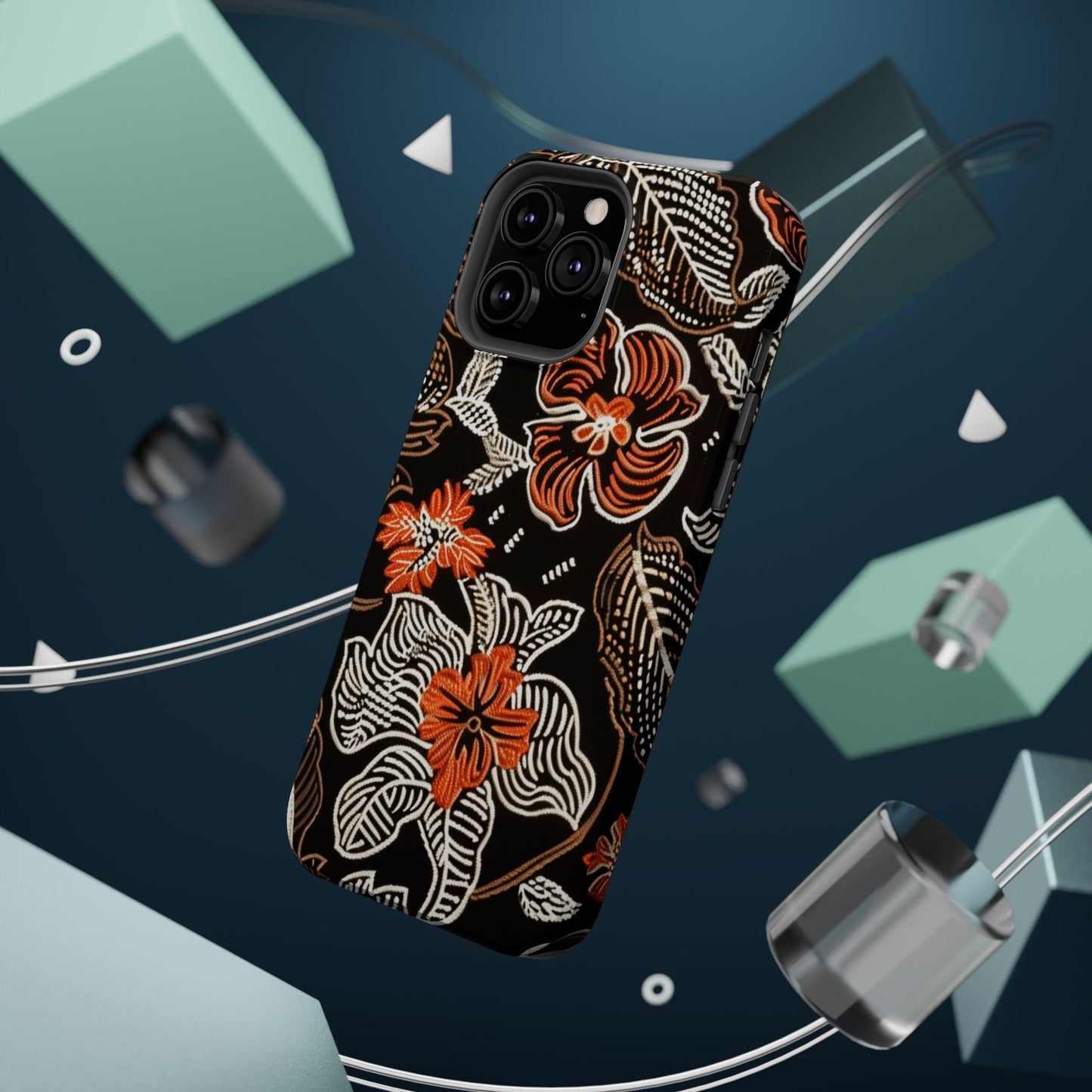 Floral Batik Magnetic Impact Phone Case — Orange & Black Protective Cover - DIGITAL X