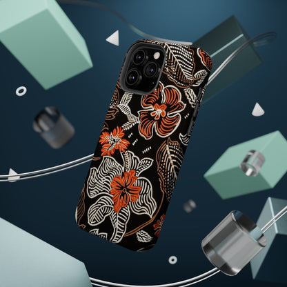 Floral Batik Magnetic Impact Phone Case — Orange & Black Protective Cover - DIGITAL X