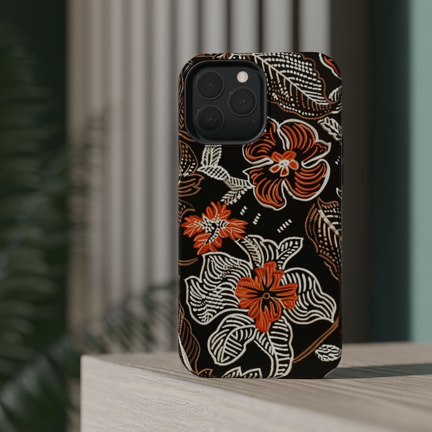 Floral Batik Magnetic Impact Phone Case — Orange & Black Protective Cover - DIGITAL X