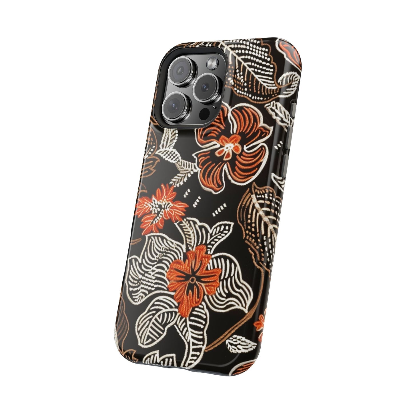 Floral Batik Magnetic Impact Phone Case — Orange & Black Protective Cover - DIGITAL X