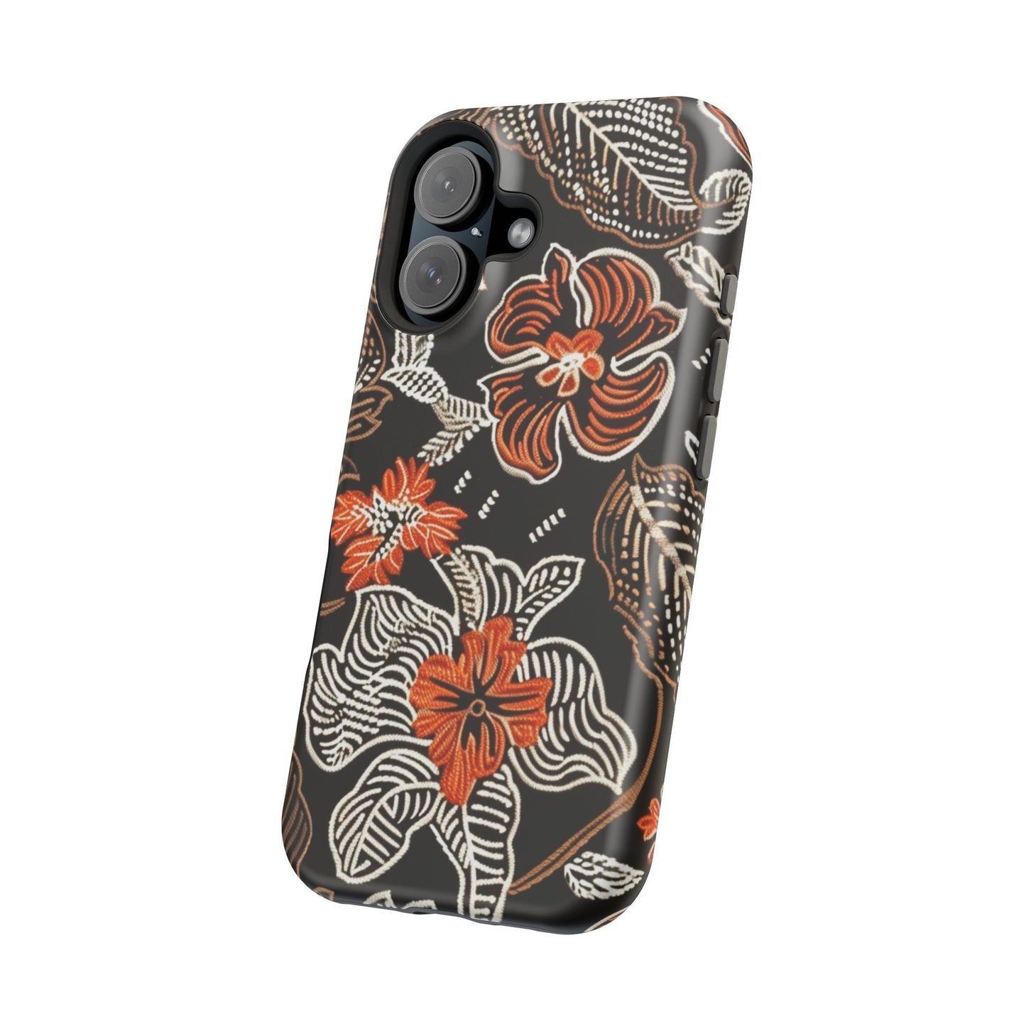 Floral Batik Magnetic Impact Phone Case — Orange & Black Protective Cover - DIGITAL X