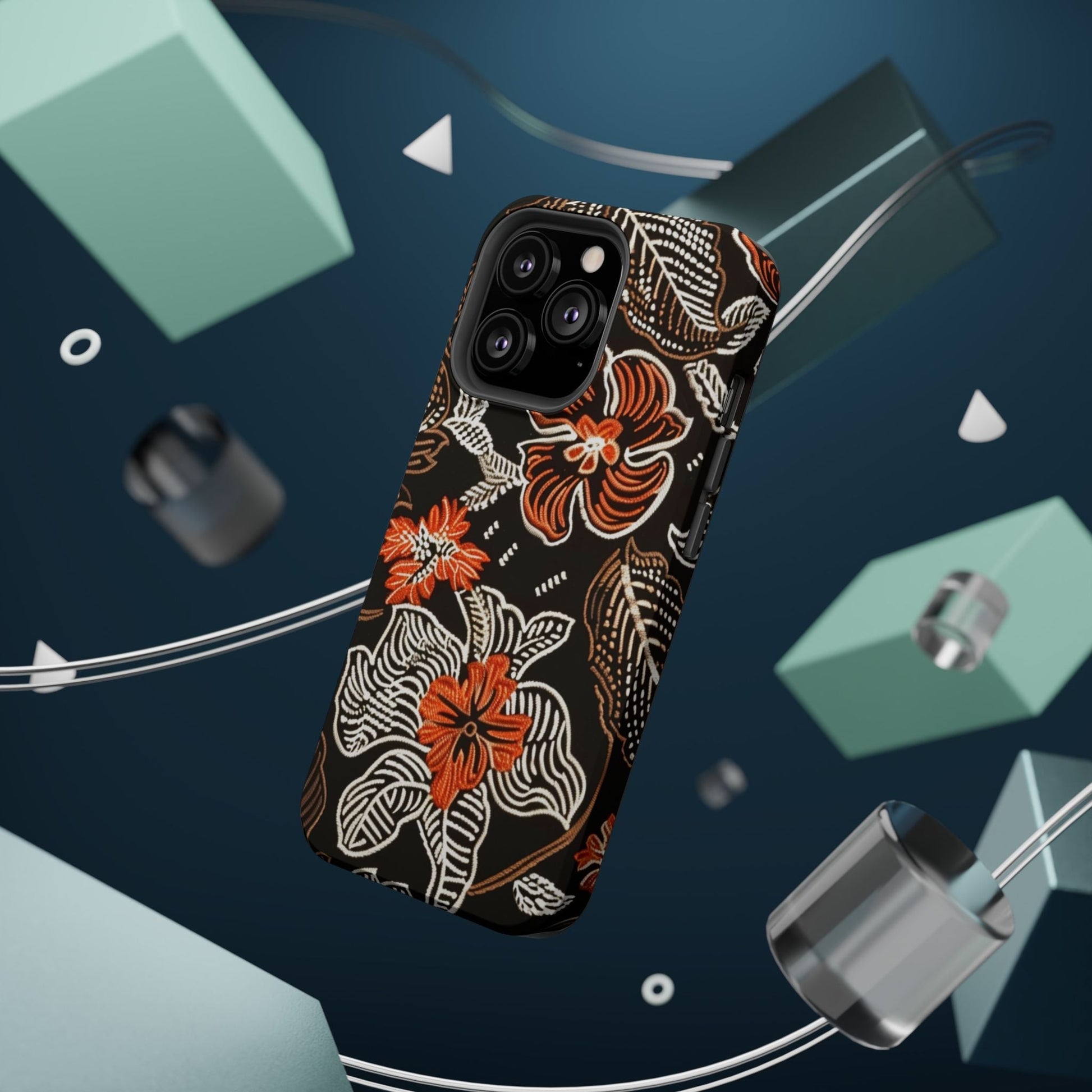 Floral Batik Magnetic Impact Phone Case — Orange & Black Protective Cover - DIGITAL X