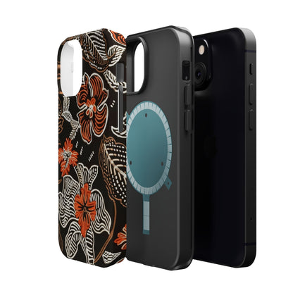 Floral Batik Magnetic Impact Phone Case — Orange & Black Protective Cover - DIGITAL X