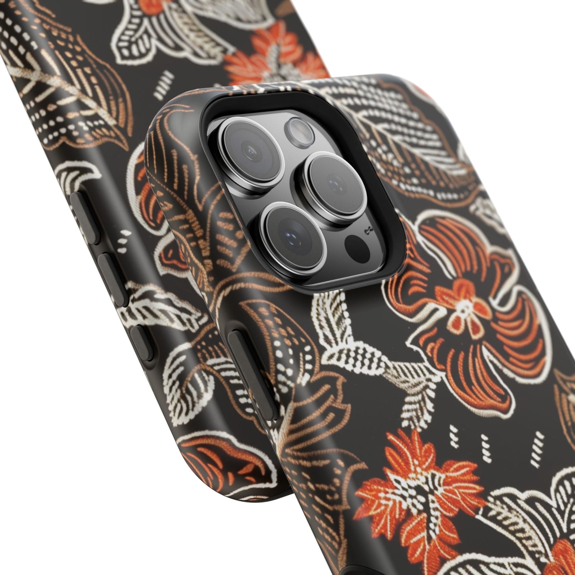 Floral Batik Magnetic Impact Phone Case — Orange & Black Protective Cover - DIGITAL X