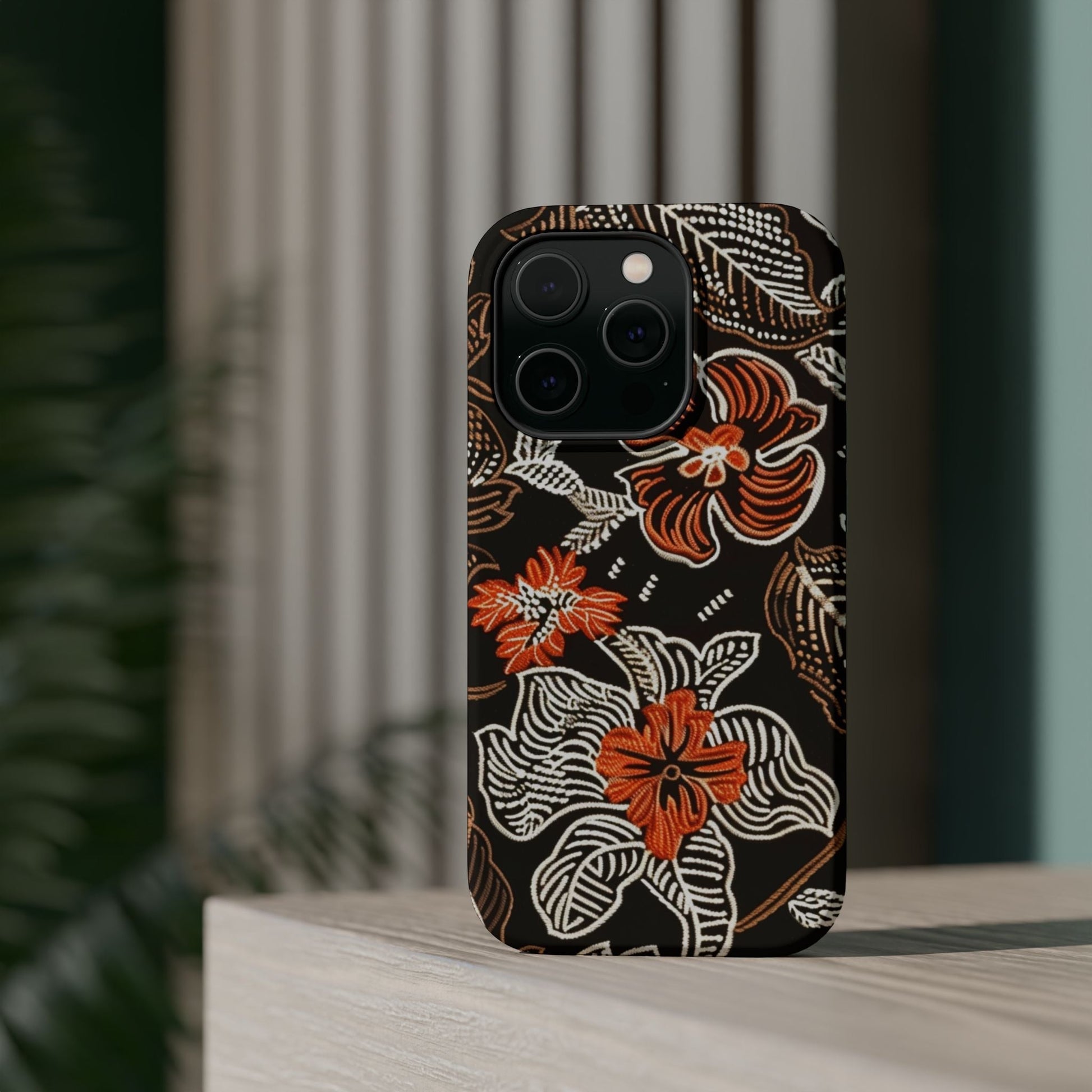 Floral Batik Magnetic Impact Phone Case — Orange & Black Protective Cover - DIGITAL X