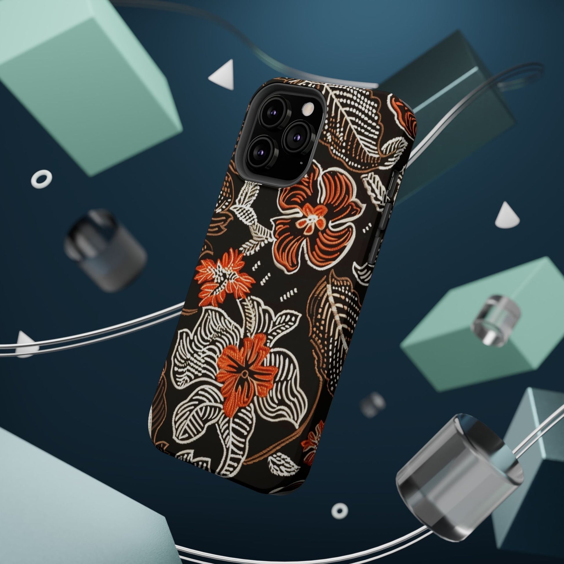 Floral Batik Magnetic Impact Phone Case — Orange & Black Protective Cover - DIGITAL X