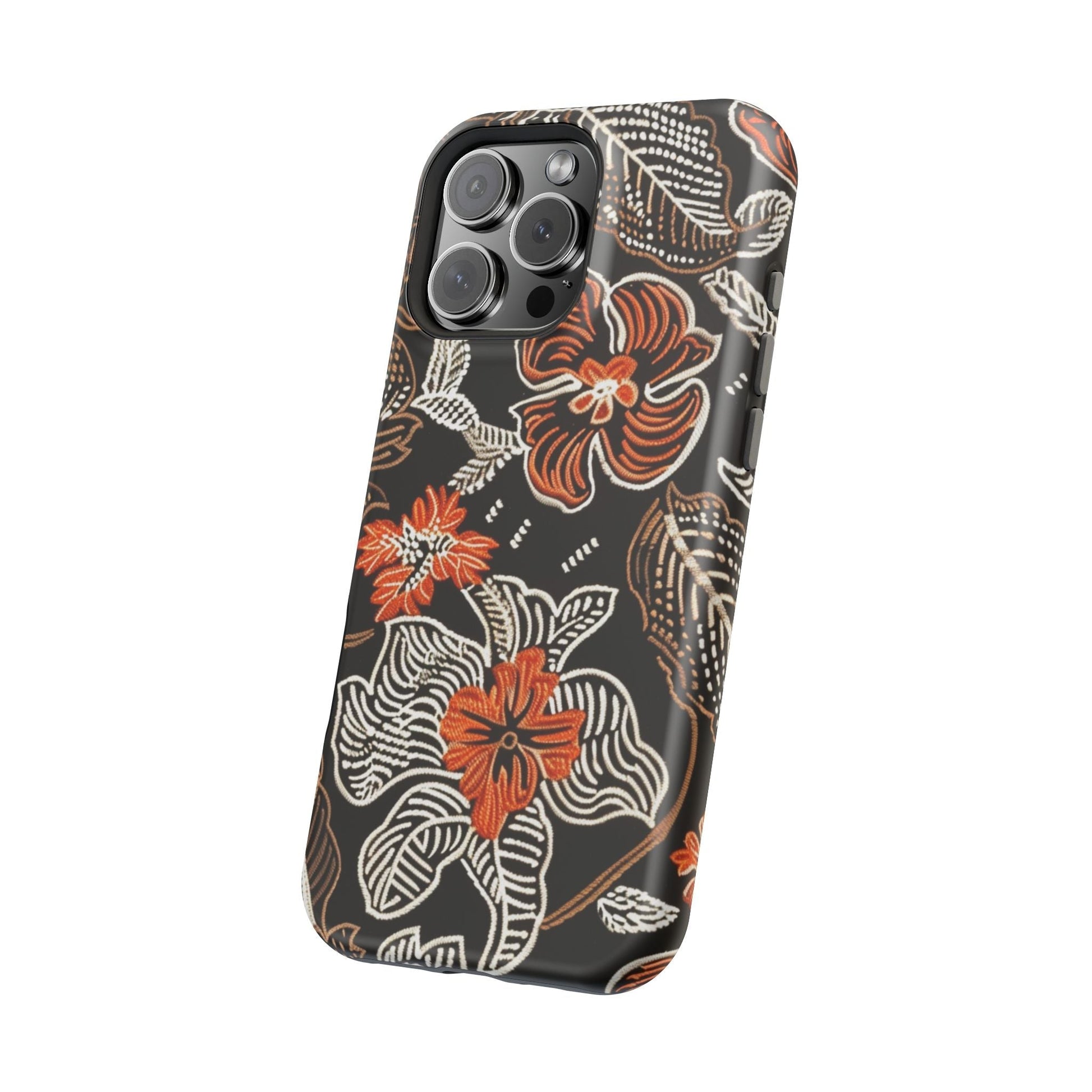 Floral Batik Magnetic Impact Phone Case — Orange & Black Protective Cover - DIGITAL X