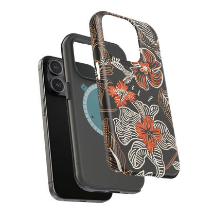 Floral Batik Magnetic Impact Phone Case — Orange & Black Protective Cover - DIGITAL X