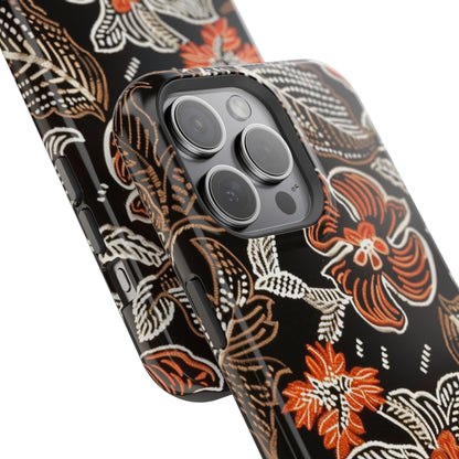 Floral Batik Magnetic Impact Phone Case — Orange & Black Protective Cover - DIGITAL X