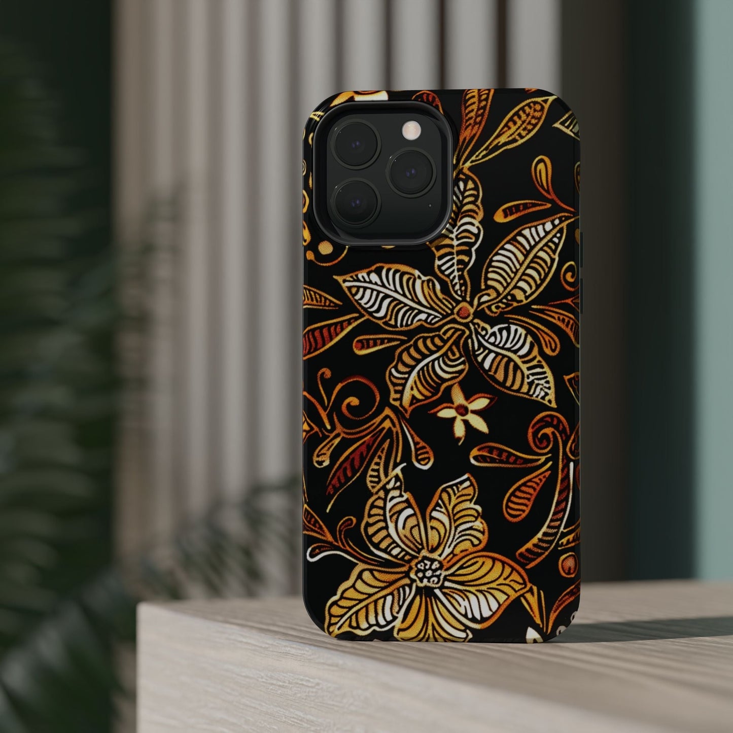 Floral Batik Magnetic Phone Case — Impact - Resistant, Gold & Black - DIGITAL X