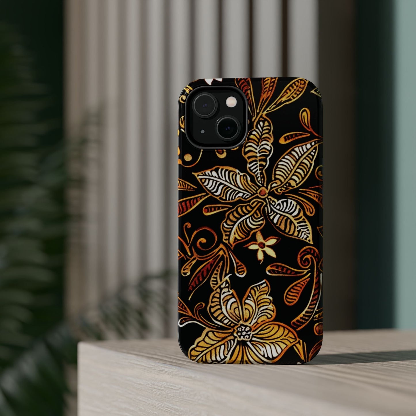 Floral Batik Magnetic Phone Case — Impact - Resistant, Gold & Black - DIGITAL X