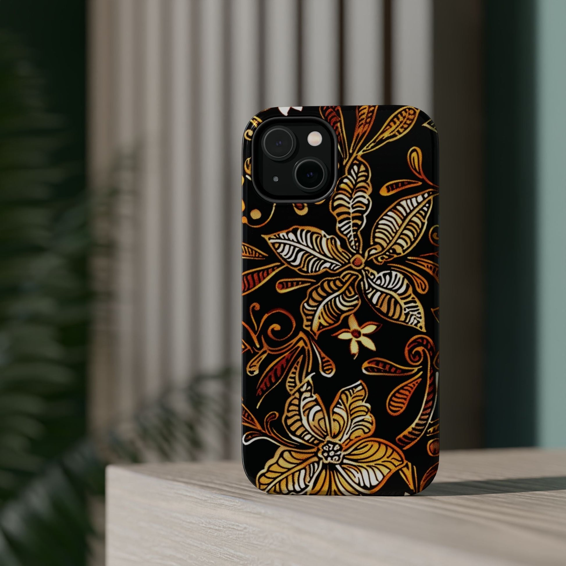Floral Batik Magnetic Phone Case — Impact - Resistant, Gold & Black - DIGITAL X