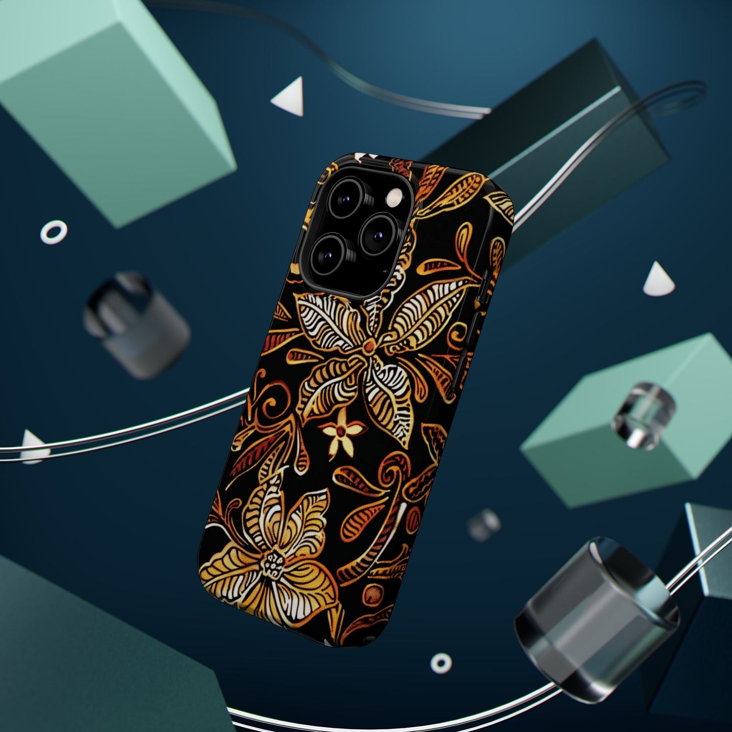Floral Batik Magnetic Phone Case — Impact - Resistant, Gold & Black - DIGITAL X