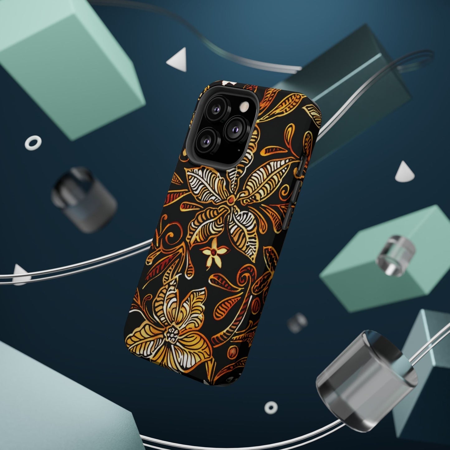 Floral Batik Magnetic Phone Case — Impact - Resistant, Gold & Black - DIGITAL X