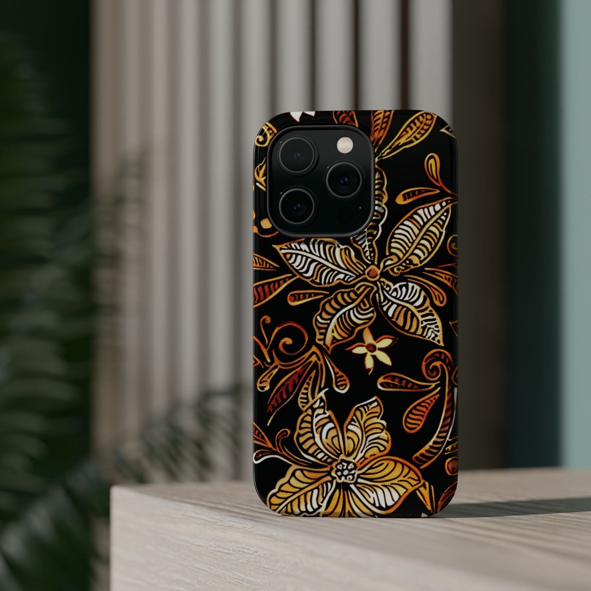 Floral Batik Magnetic Phone Case — Impact - Resistant, Gold & Black - DIGITAL X