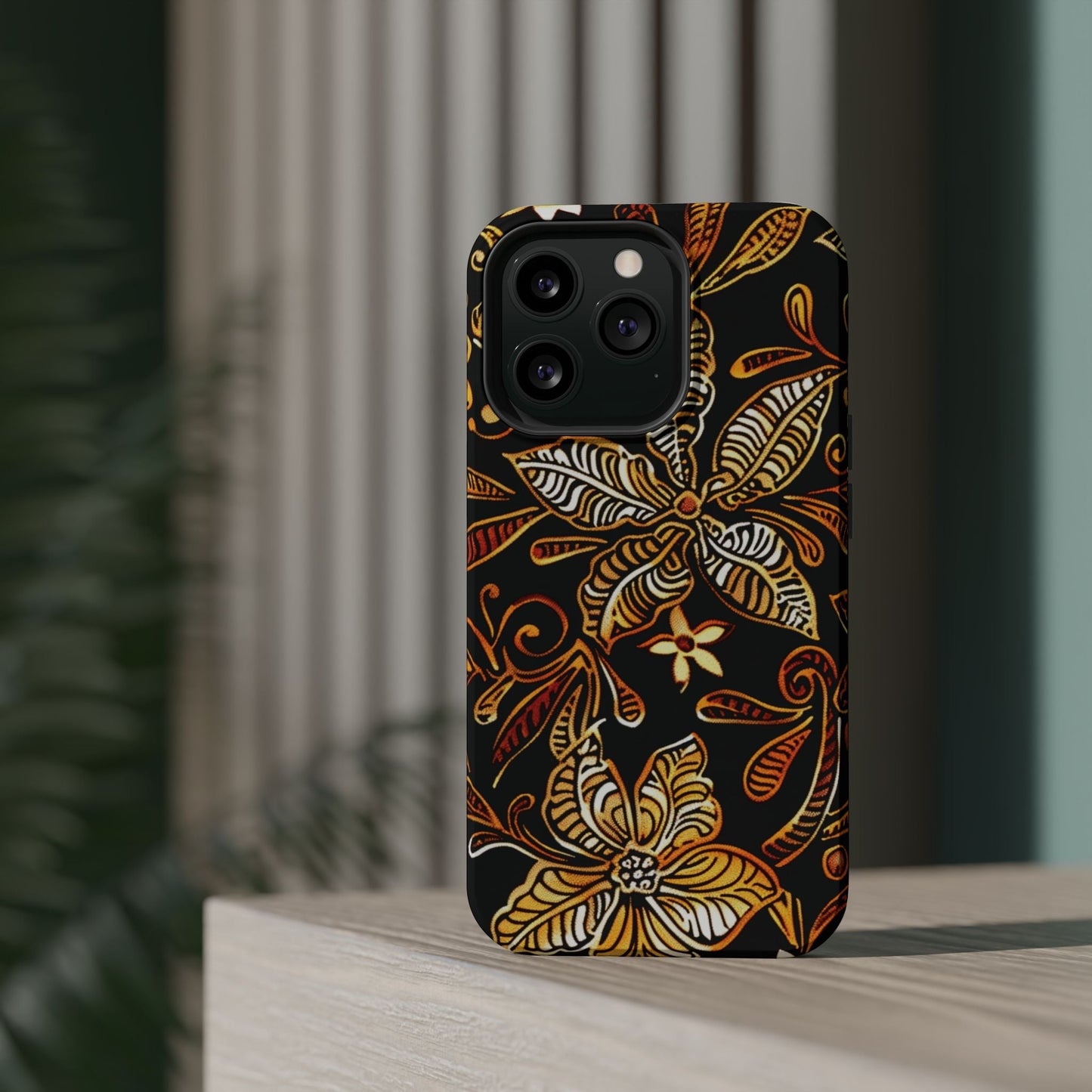 Floral Batik Magnetic Phone Case — Impact - Resistant, Gold & Black - DIGITAL X