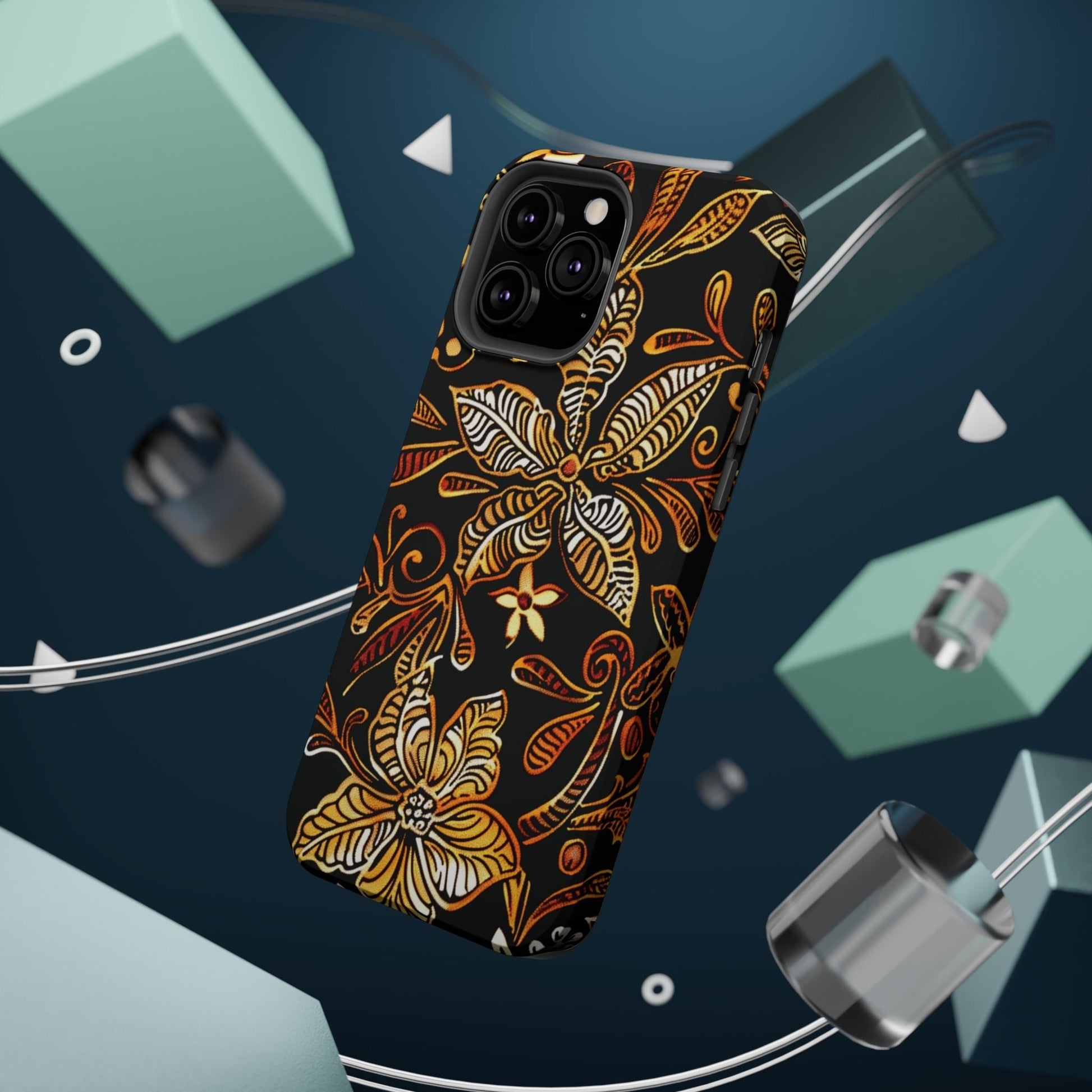 Floral Batik Magnetic Phone Case — Impact - Resistant, Gold & Black - DIGITAL X