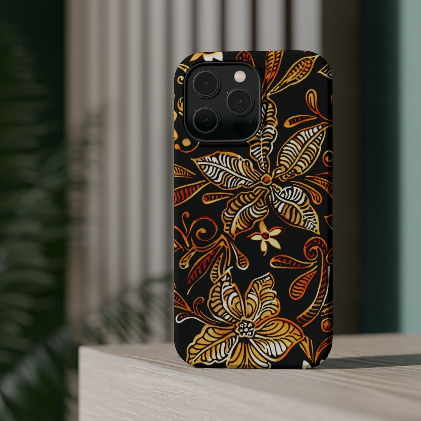 Floral Batik Magnetic Phone Case — Impact - Resistant, Gold & Black - DIGITAL X