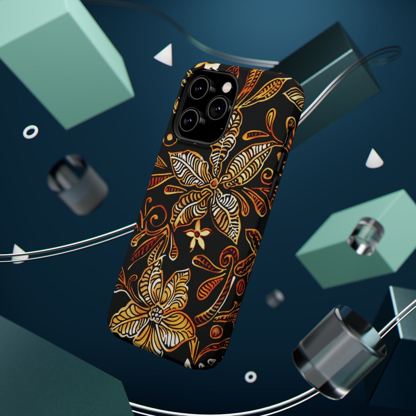 Floral Batik Magnetic Phone Case — Impact - Resistant, Gold & Black - DIGITAL X