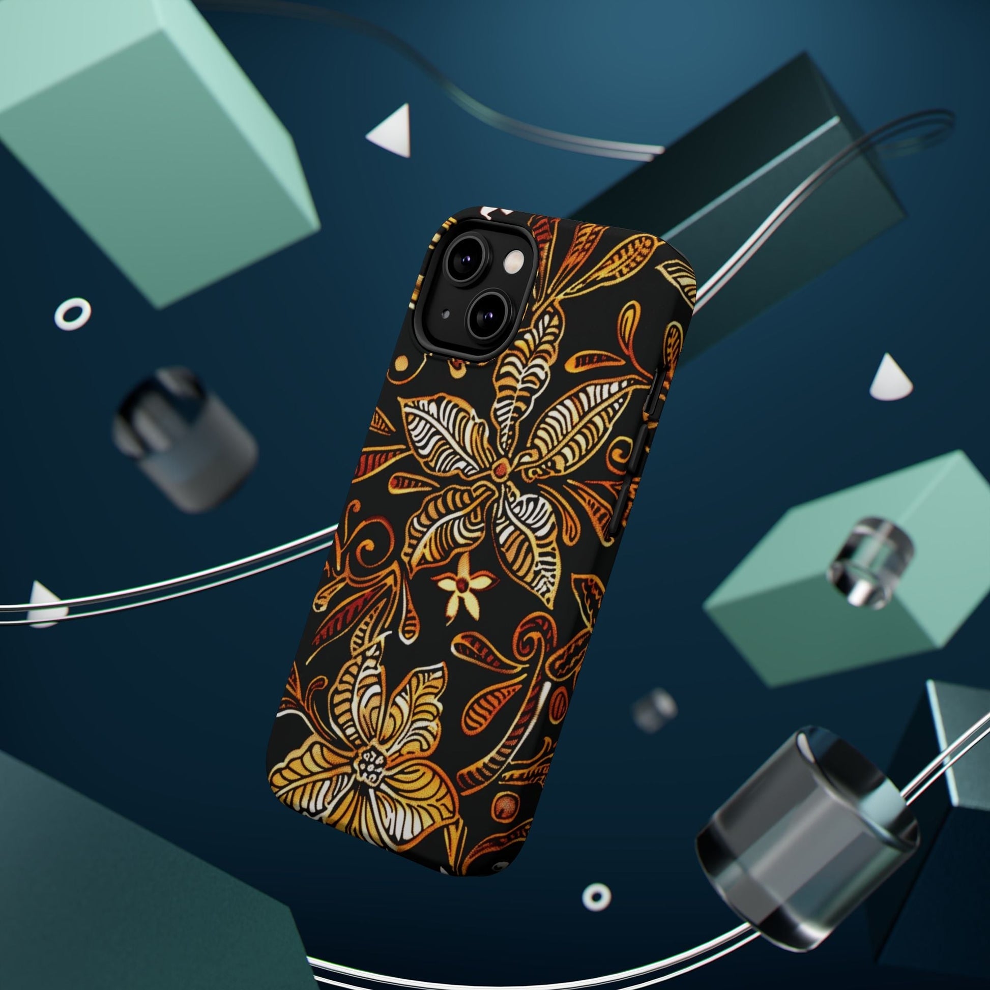 Floral Batik Magnetic Phone Case — Impact - Resistant, Gold & Black - DIGITAL X