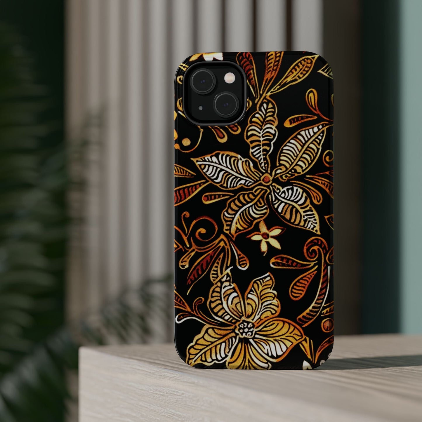 Floral Batik Magnetic Phone Case — Impact - Resistant, Gold & Black - DIGITAL X