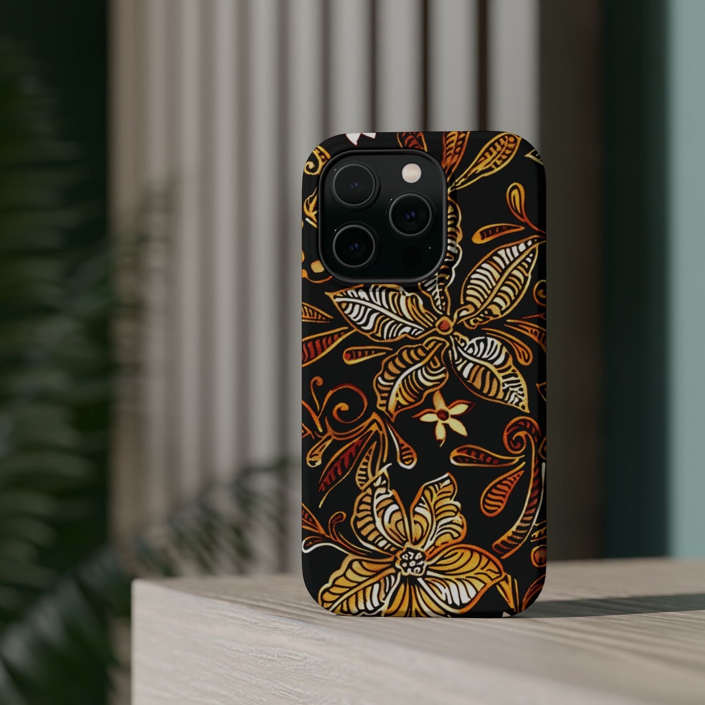 Floral Batik Magnetic Phone Case — Impact - Resistant, Gold & Black - DIGITAL X
