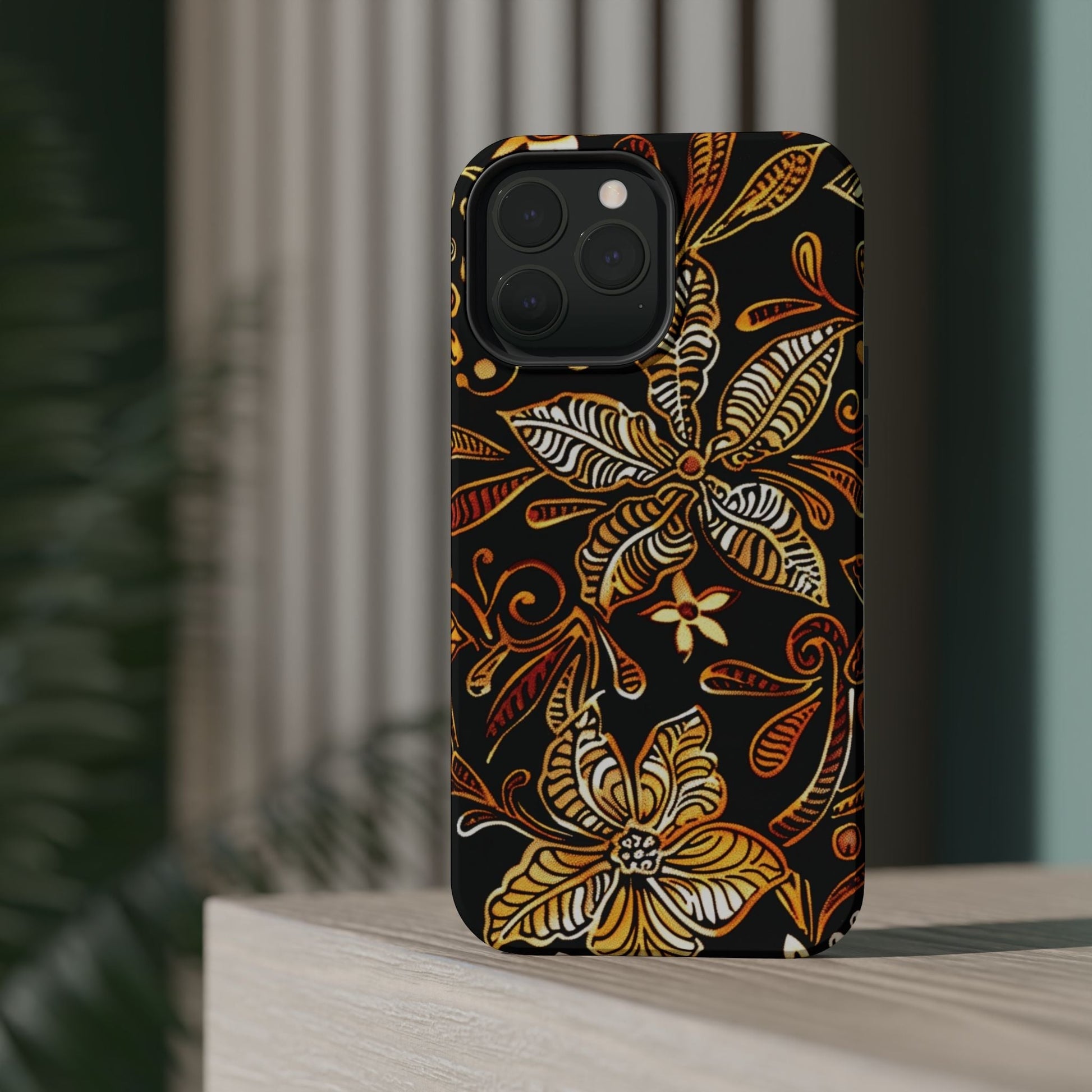 Floral Batik Magnetic Phone Case — Impact - Resistant, Gold & Black - DIGITAL X