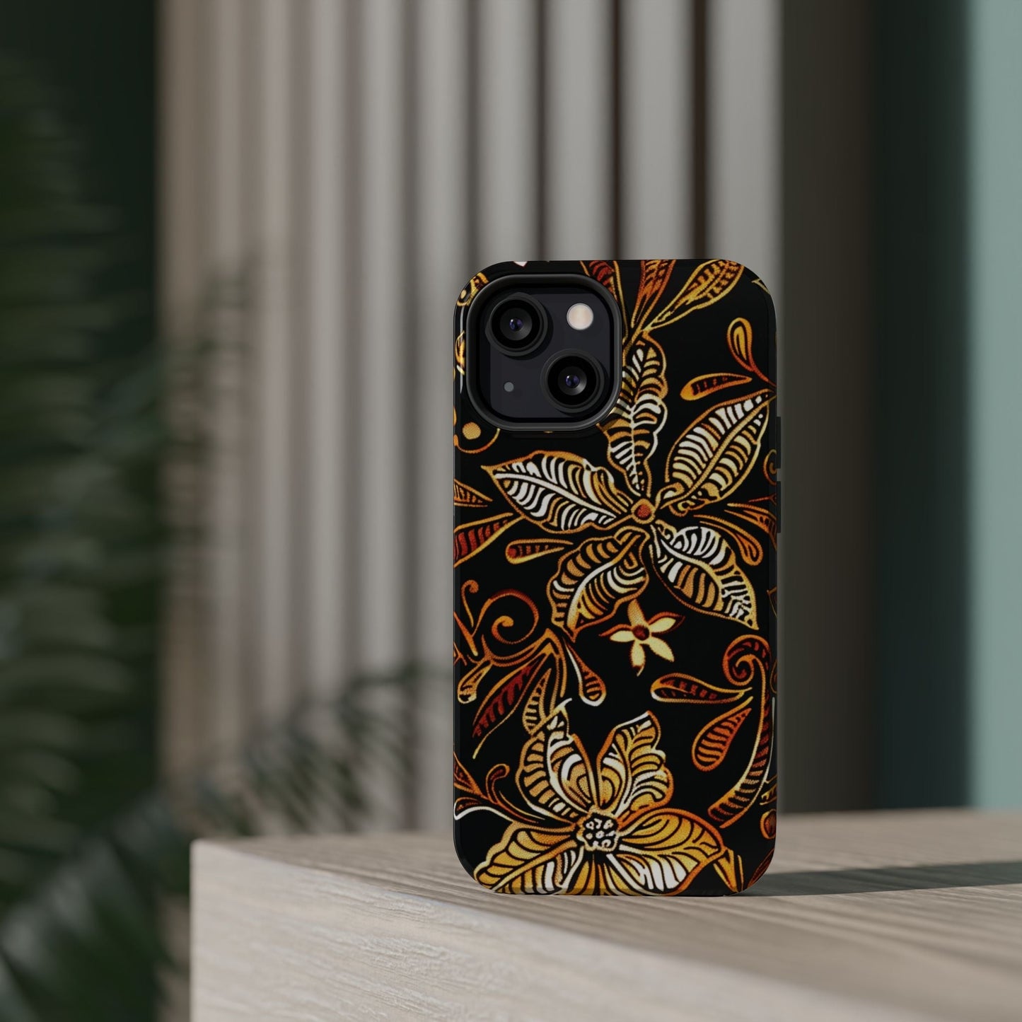 Floral Batik Magnetic Phone Case — Impact - Resistant, Gold & Black - DIGITAL X