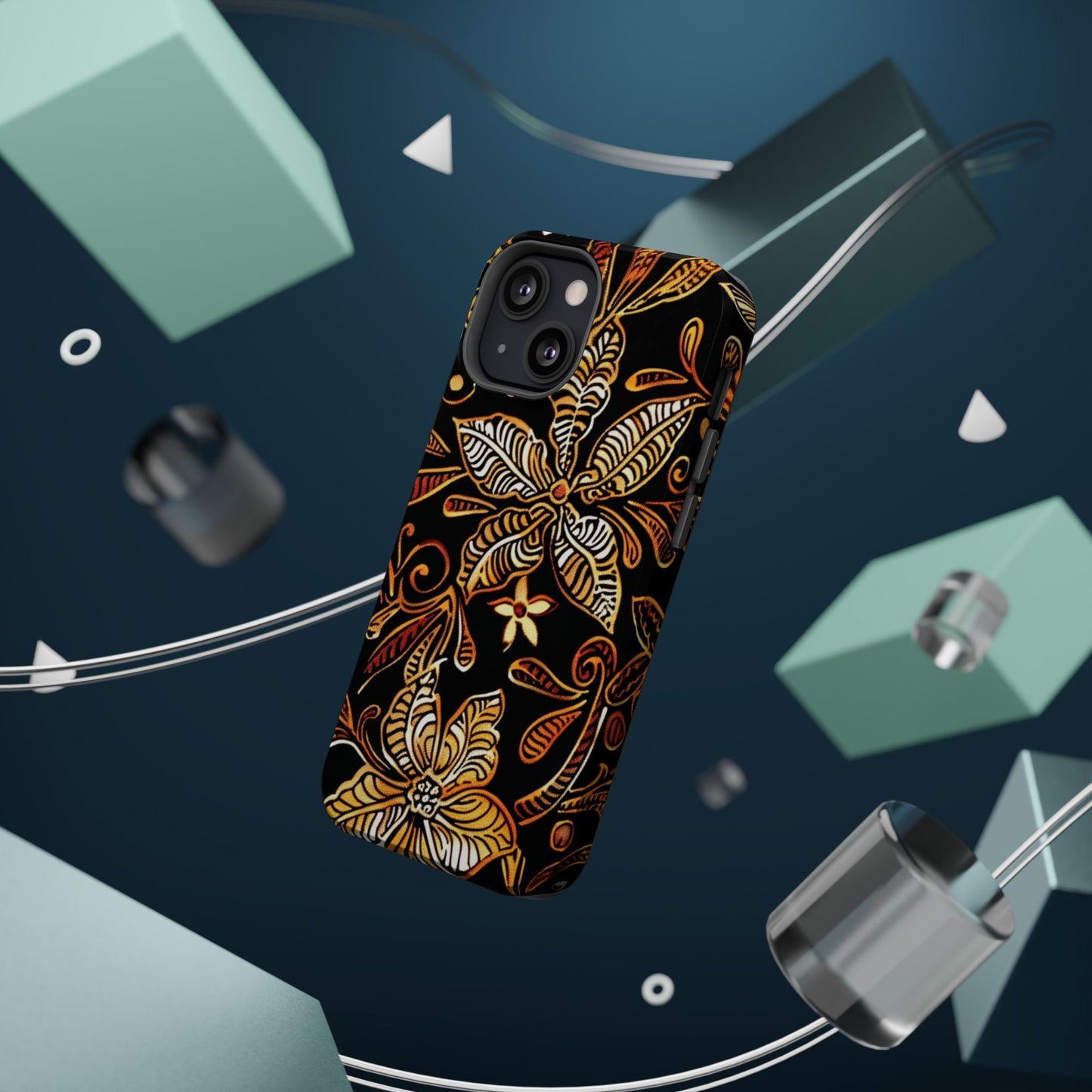 Floral Batik Magnetic Phone Case — Impact - Resistant, Gold & Black - DIGITAL X