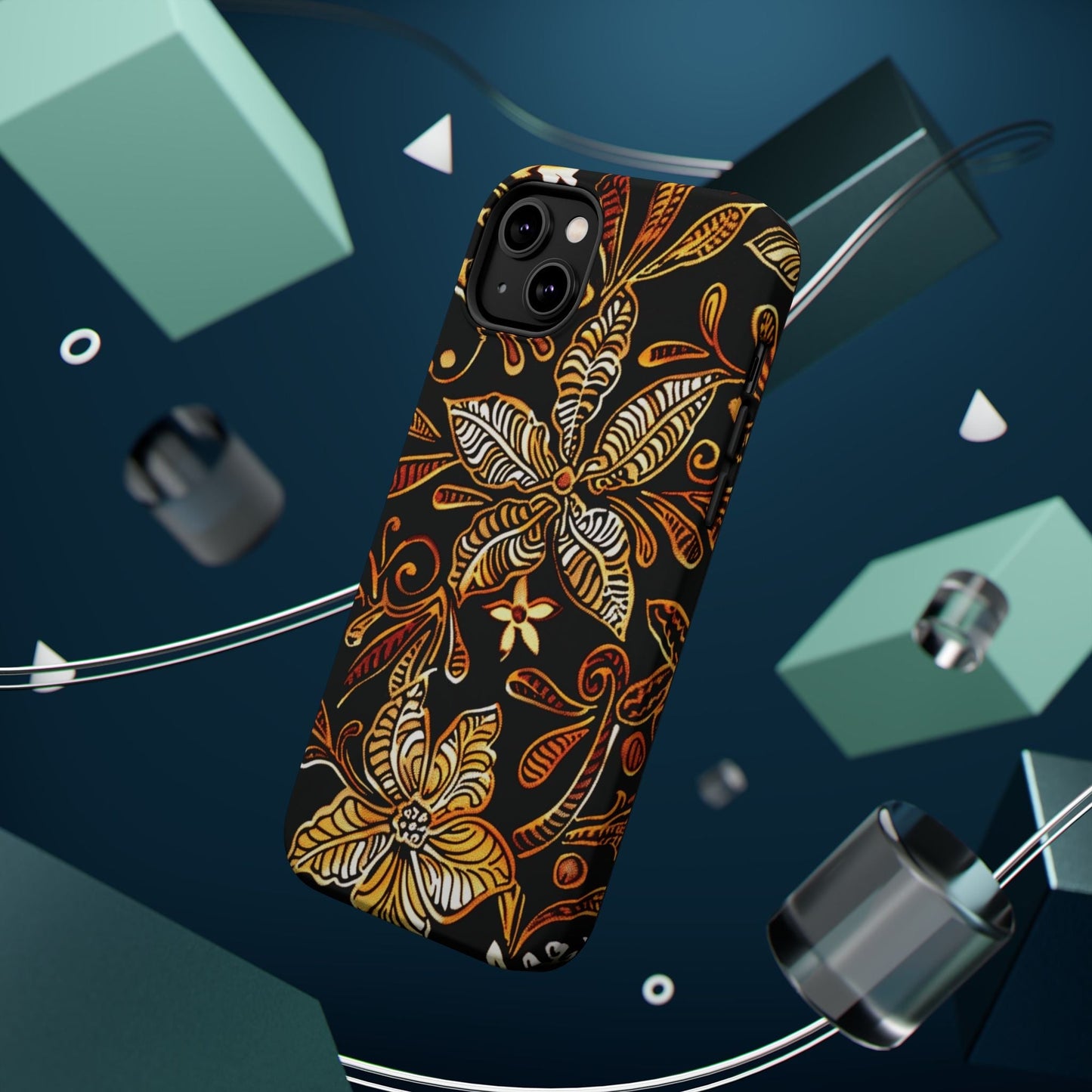 Floral Batik Magnetic Phone Case — Impact - Resistant, Gold & Black - DIGITAL X