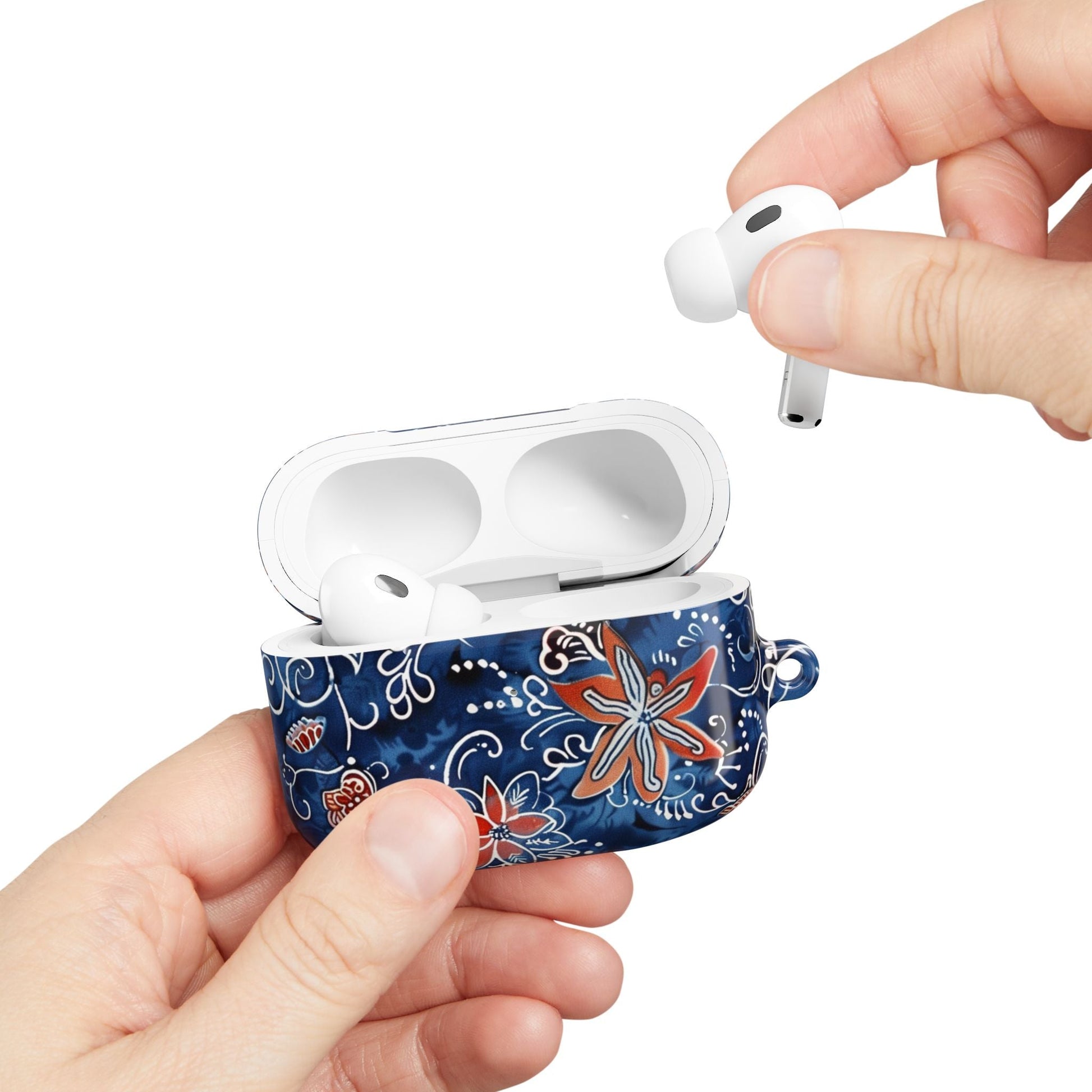 Floral Blue Batik AirPod Case – Protective Earbud Cover with Red Flower Pattern - DIGITAL X