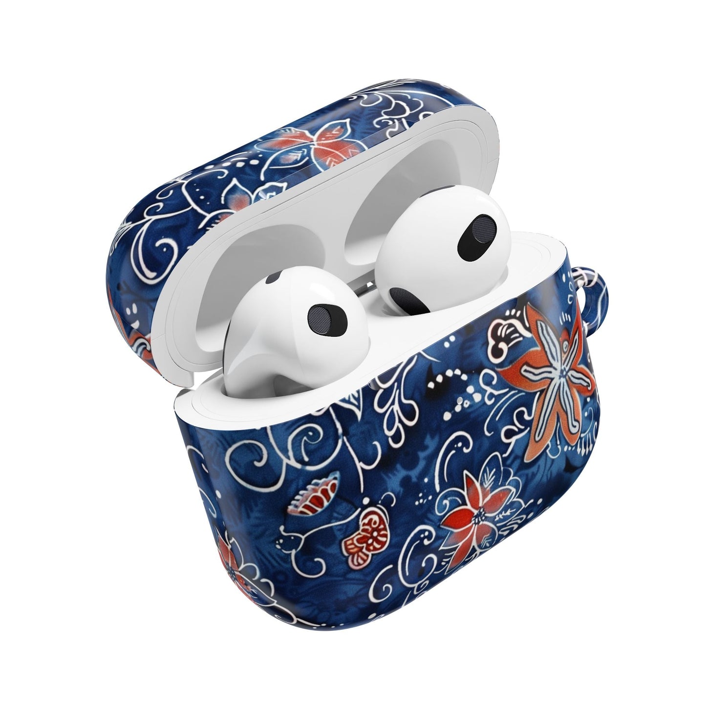 Floral Blue Batik AirPod Case – Protective Earbud Cover with Red Flower Pattern - DIGITAL X