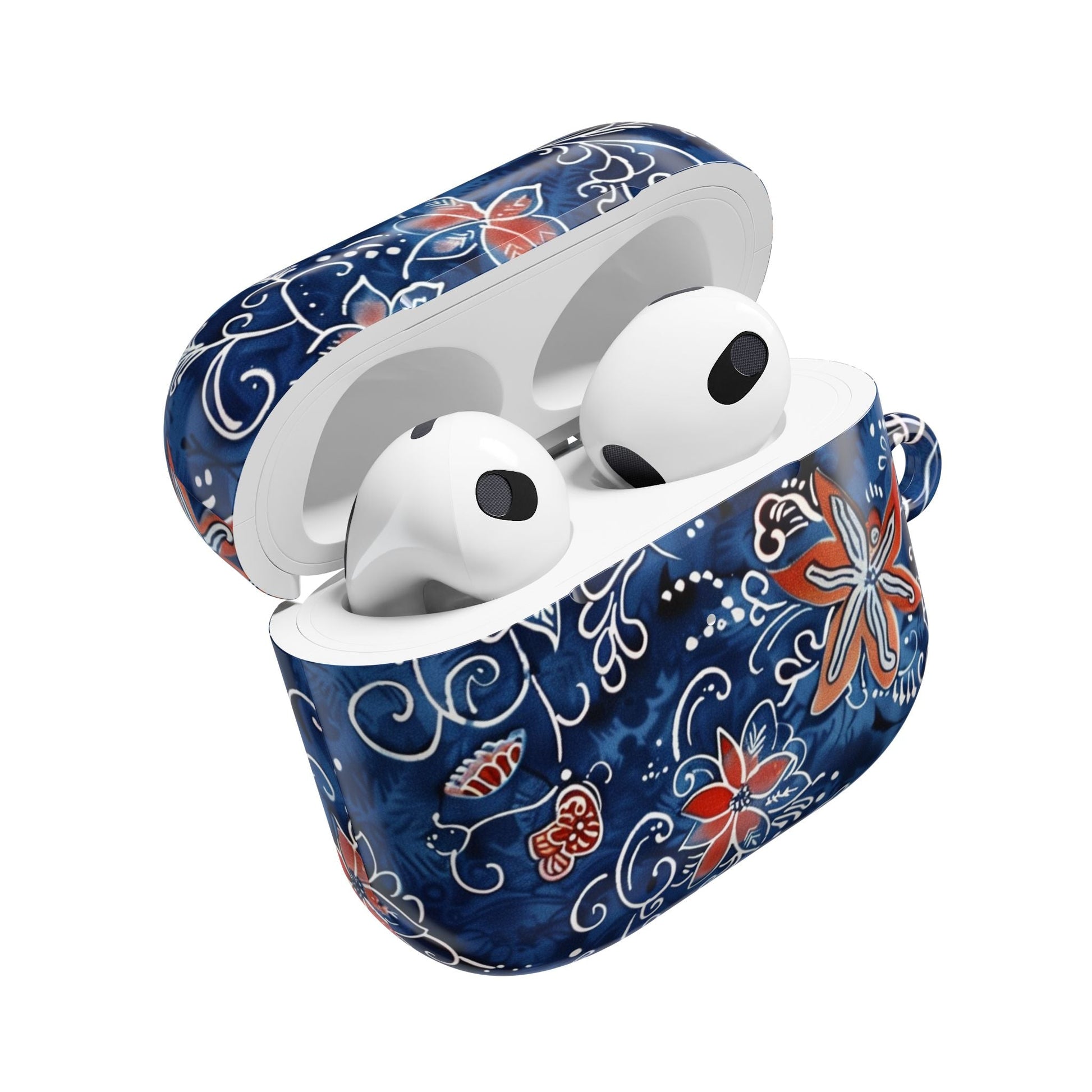 Floral Blue Batik AirPod Case – Protective Earbud Cover with Red Flower Pattern - DIGITAL X