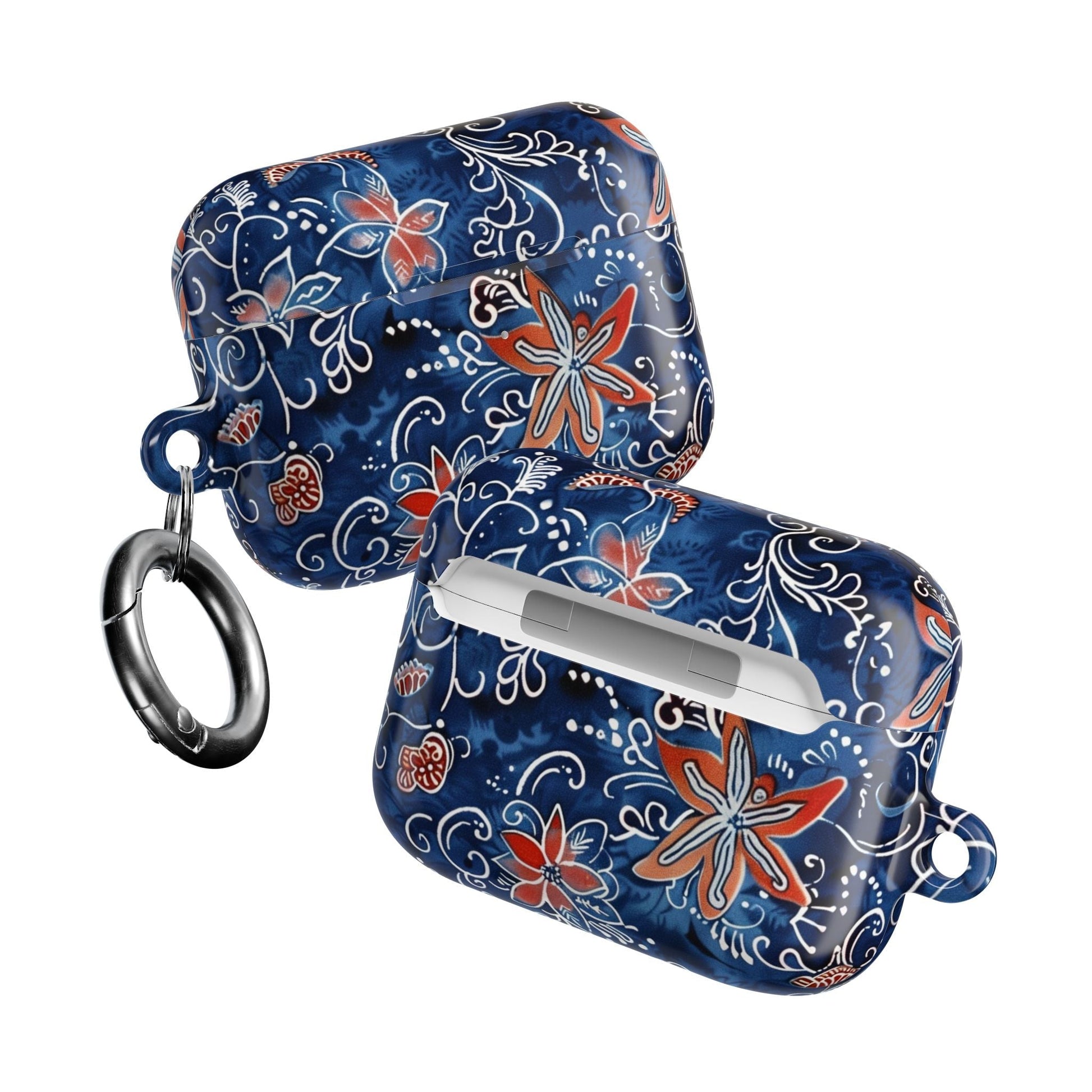Floral Blue Batik AirPod Case – Protective Earbud Cover with Red Flower Pattern - DIGITAL X