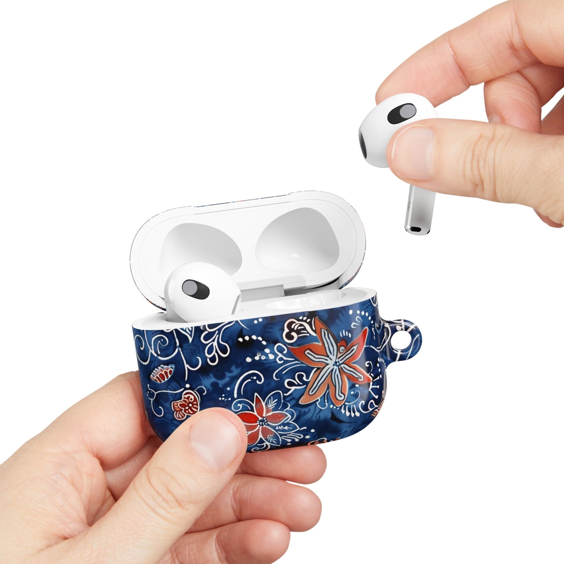 Floral Blue Batik AirPod Case – Protective Earbud Cover with Red Flower Pattern - DIGITAL X