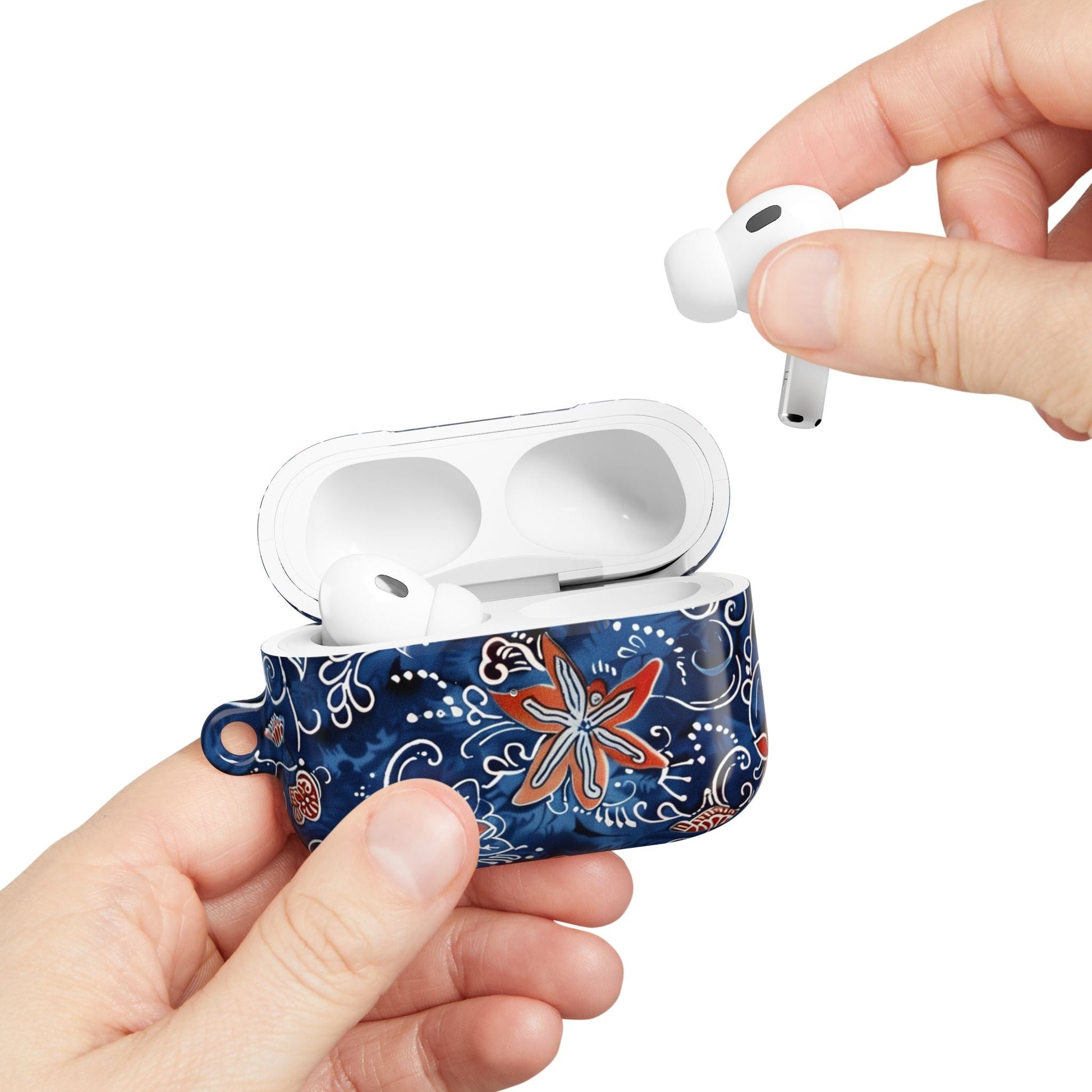 Floral Blue Batik AirPod Case – Protective Earbud Cover with Red Flower Pattern - DIGITAL X