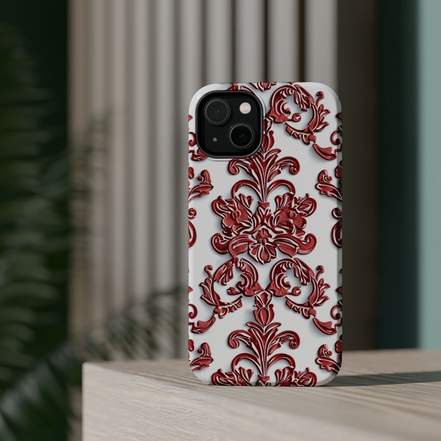 Floral Damask Phone Case — Red Scrolled Impact - Resistant Magnetic Case - DIGITAL X