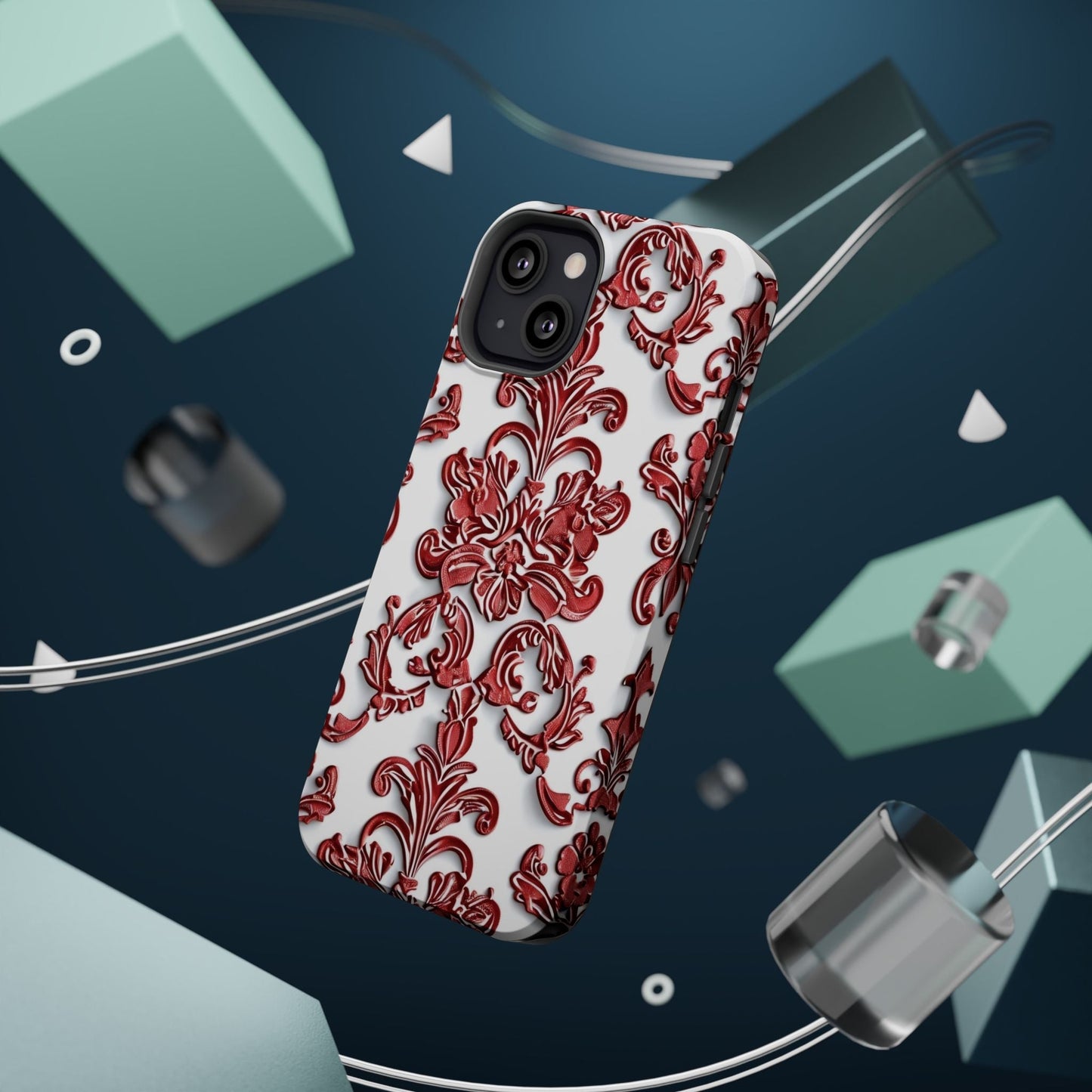 Floral Damask Phone Case — Red Scrolled Impact - Resistant Magnetic Case - DIGITAL X