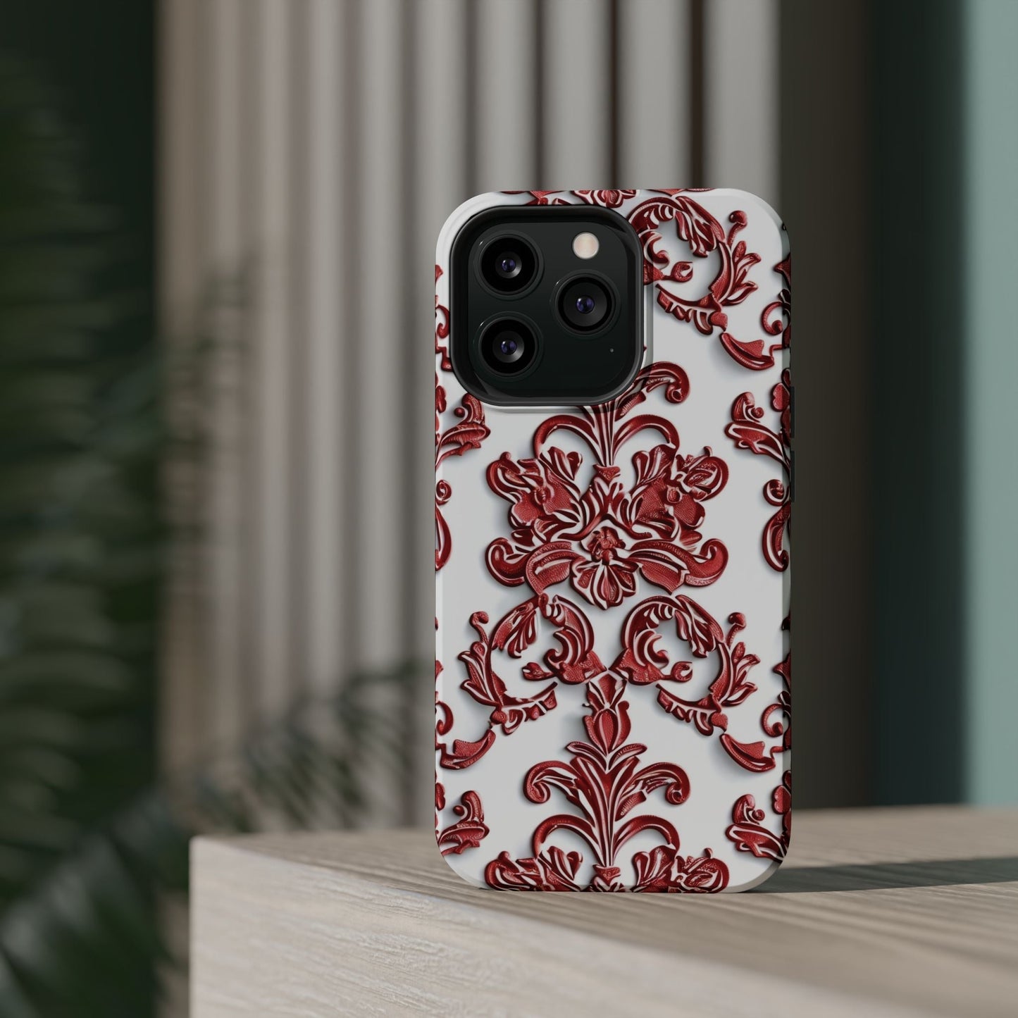 Floral Damask Phone Case — Red Scrolled Impact - Resistant Magnetic Case - DIGITAL X
