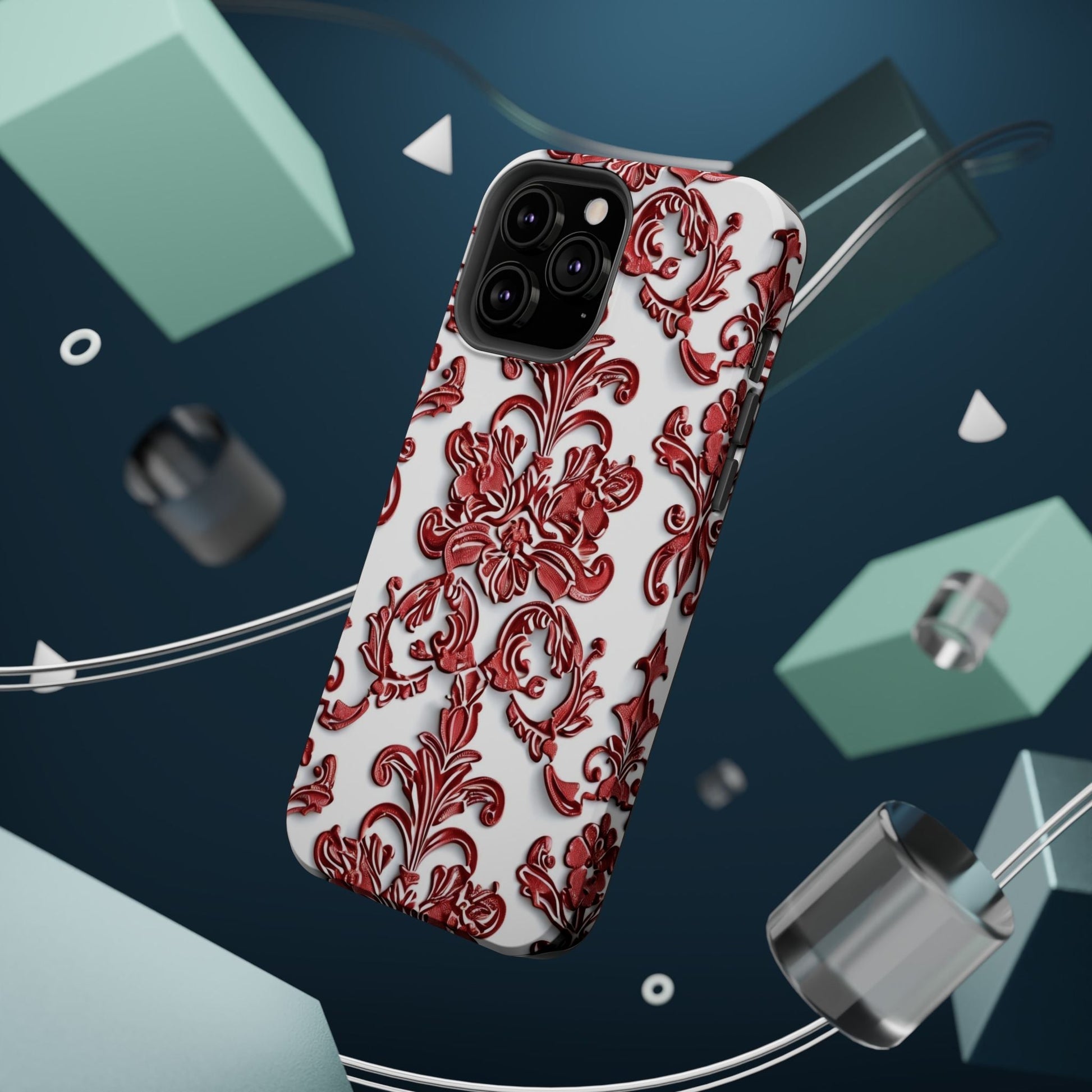 Floral Damask Phone Case — Red Scrolled Impact - Resistant Magnetic Case - DIGITAL X