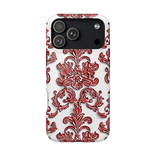 Floral Damask Phone Case — Red Scrolled Impact - Resistant Magnetic Case - DIGITAL X