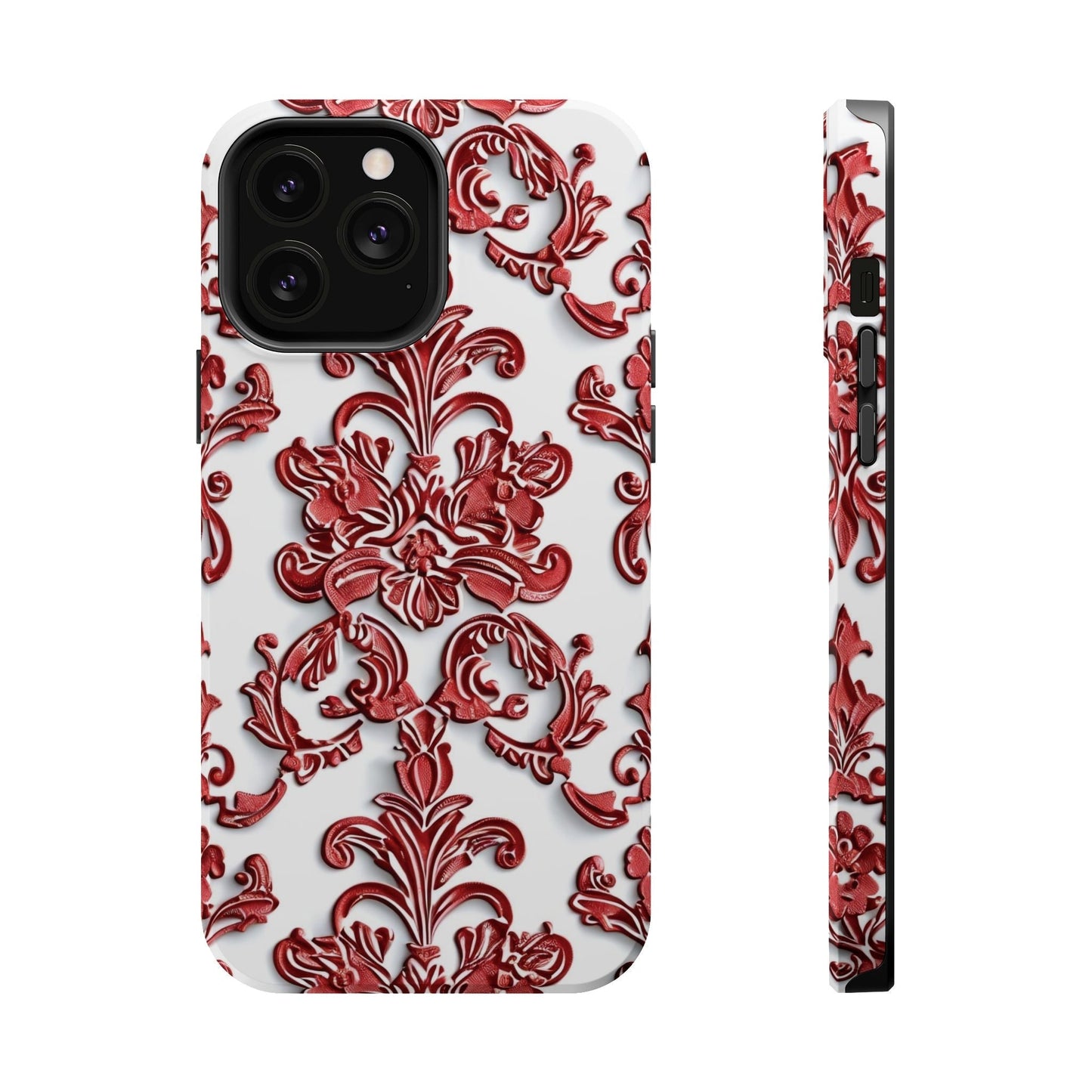 Floral Damask Phone Case — Red Scrolled Impact - Resistant Magnetic Case - DIGITAL X