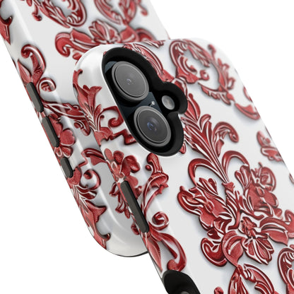 Floral Damask Phone Case — Red Scrolled Impact - Resistant Magnetic Case - DIGITAL X