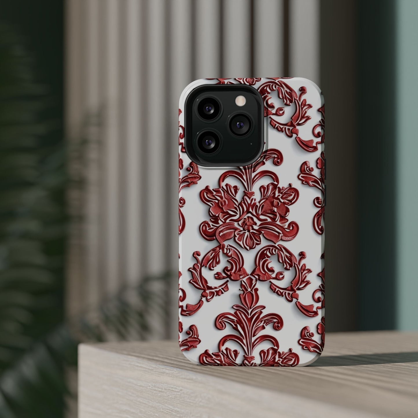 Floral Damask Phone Case — Red Scrolled Impact - Resistant Magnetic Case - DIGITAL X