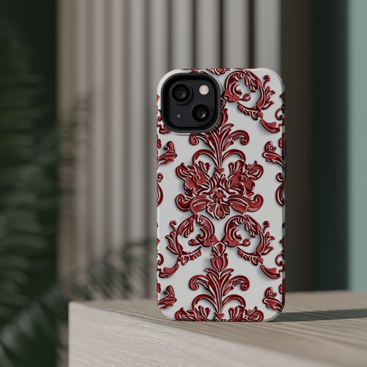Floral Damask Phone Case — Red Scrolled Impact - Resistant Magnetic Case - DIGITAL X