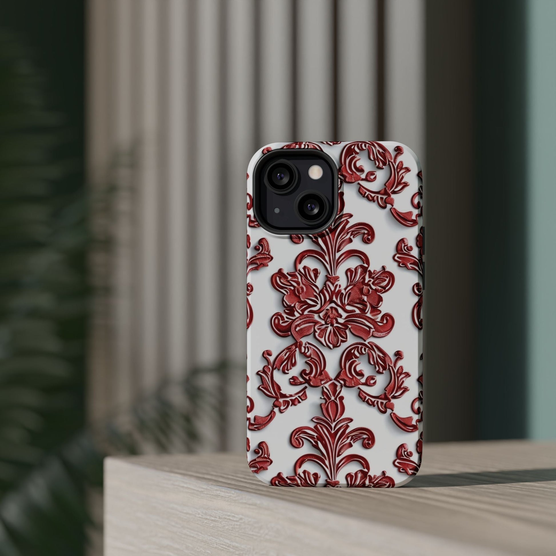 Floral Damask Phone Case — Red Scrolled Impact - Resistant Magnetic Case - DIGITAL X