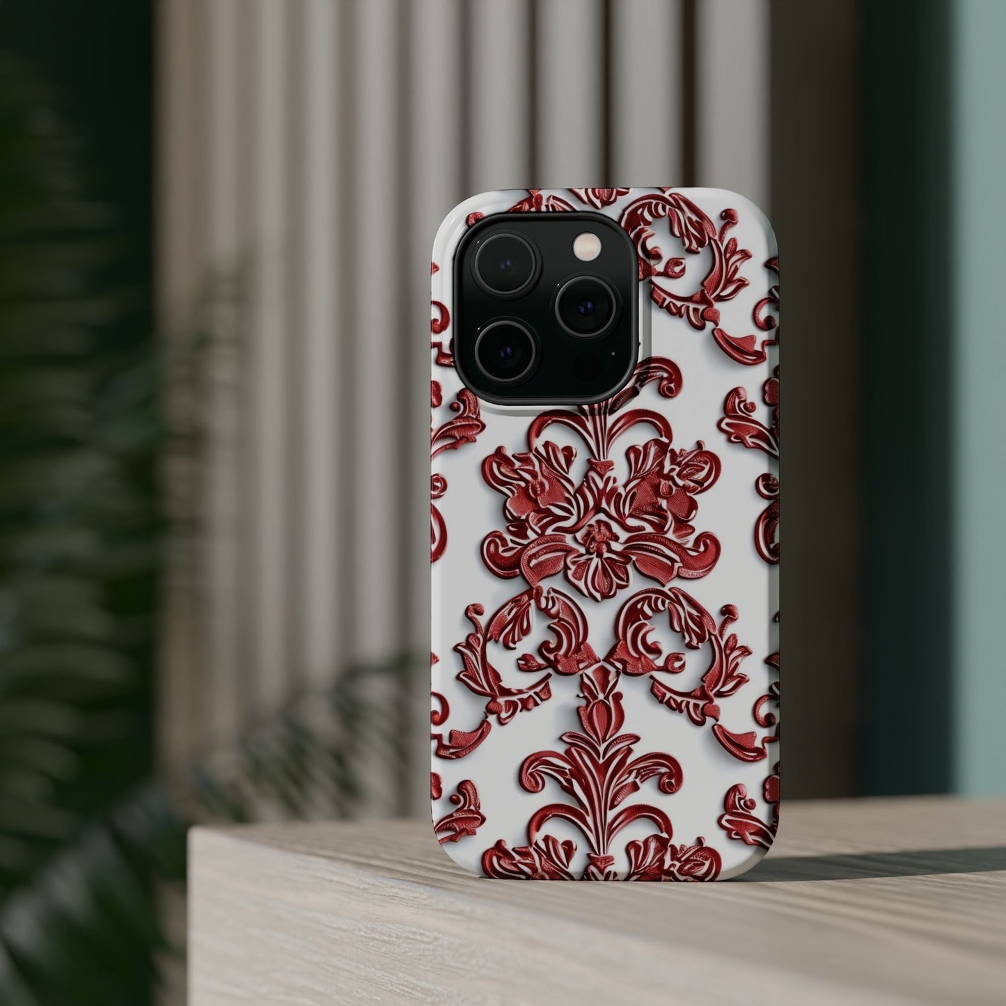 Floral Damask Phone Case — Red Scrolled Impact - Resistant Magnetic Case - DIGITAL X